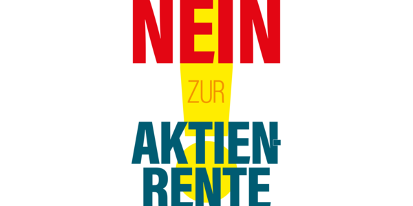Kampagnenlogo: Der Text "Nein zur Aktienrente" steht vor einem großen gelben Ausrufezeichen.