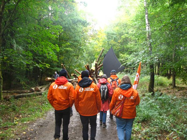 Waldspaziergang von mehreren Attacies, im Hintergrund eine Barrikade